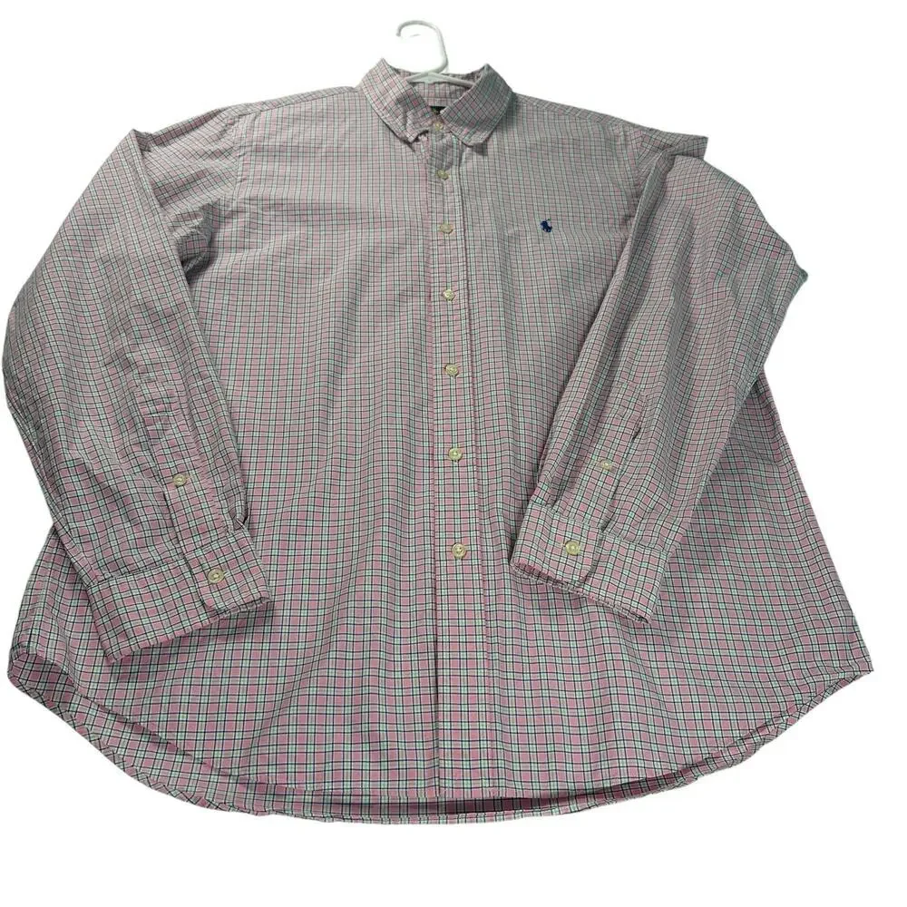 Ralph Lauren Pink Plaid Long Sleeve Button Down Collared Dress Shirt Cotton Sz L